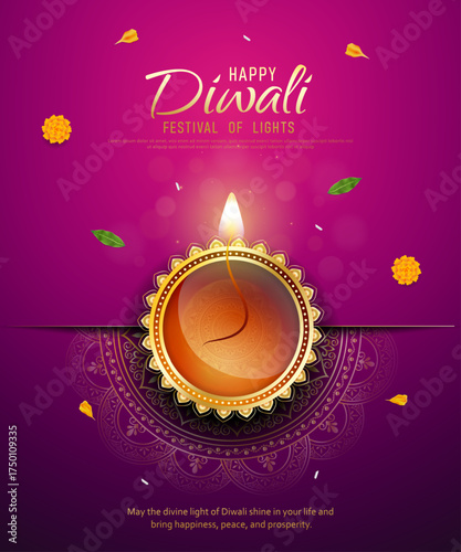 Happy Diwali - Vibrant Festival of Lights Celebration Background Poster Design With Decorative Diya.Indian Hindu Light Festival. Holiday Background. Vector Illustration.