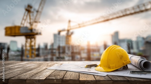 Construction Site With Yellow Hard Hat and Blueprints on Wooden Table