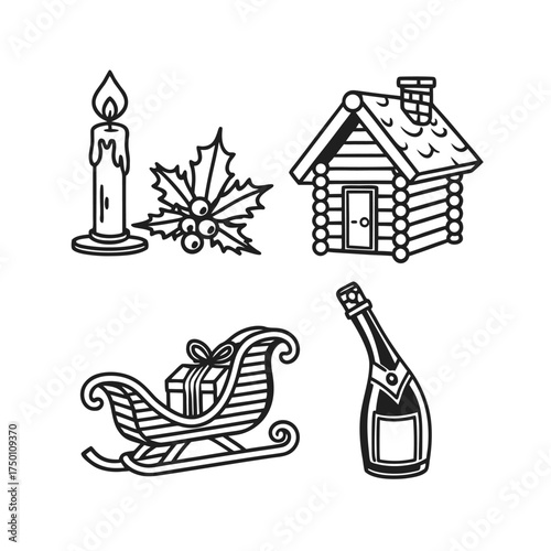 Festive winter holiday icons set including candle sleigh cabin and champagne isolated on transparent background