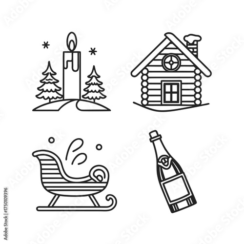 Winter scene icons set featuring cabin sleigh champagne and christmas trees isolated on transparent background