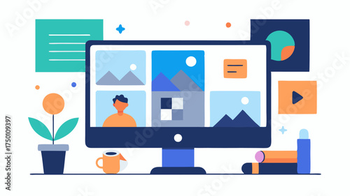 A lifestyle editing process depicted with a screen showing photo editing software filters and tools alongside a mood board and images of past content.
