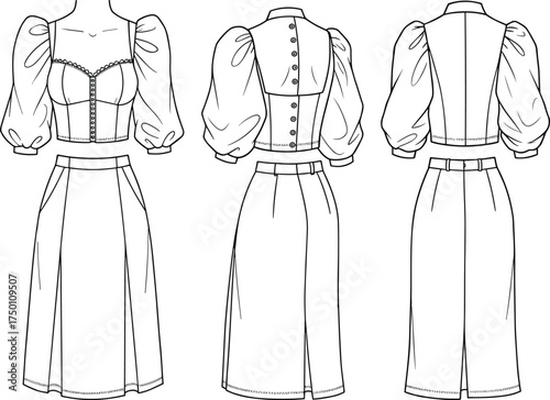 Women puff sleeve crop top and midi skirt cad drawing flat vector illustration, fashion technical sketch outfit template, front and back view