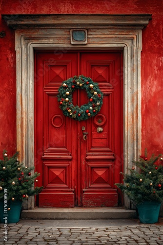 Festive Red Door Decorated With Greenery and a Wreath in a Charming Urban Set...