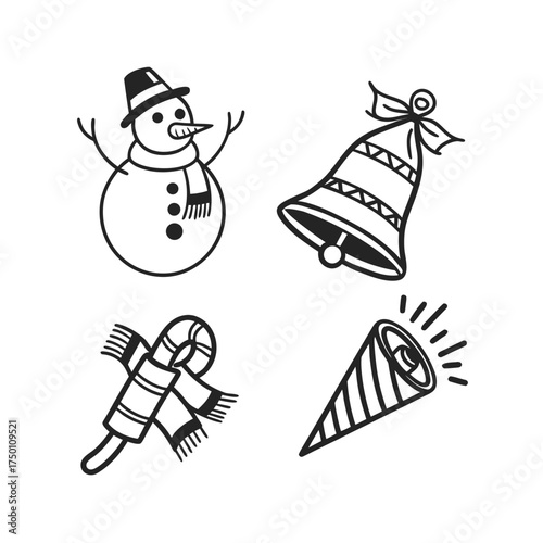 Festive christmas icons snowman candy cane party popper bell set for holiday celebrations isolated on transparent background
