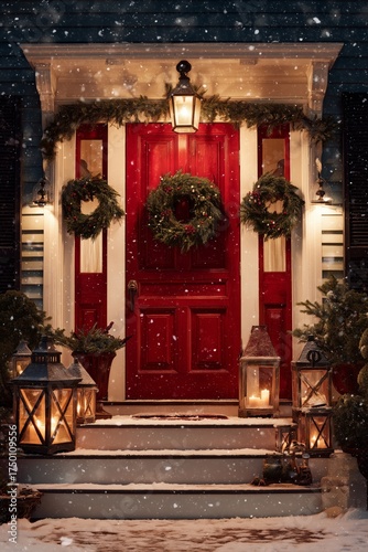 Charming Red Door With Holiday Wreaths and Lanterns in a Snowy Winter Scene