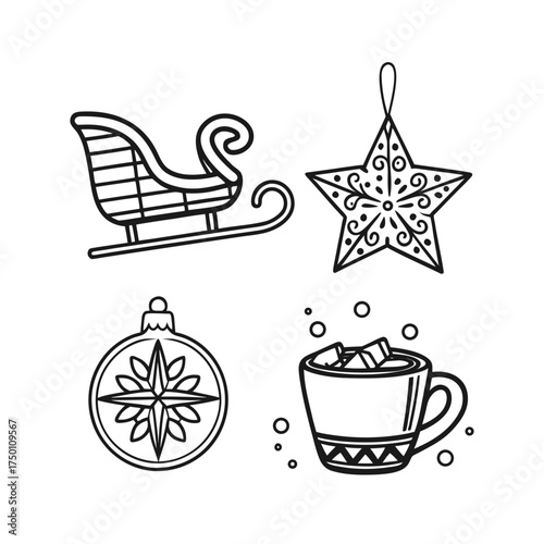 Christmas icons collection sleigh star ornament hot cocoa festive holiday symbols isolated on transparent background