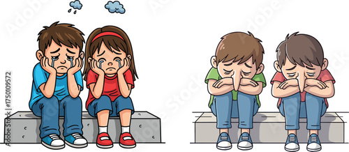 Sad children illustration, distressed kids sitting, emotional cartoon artwork, worried boys and girls, mental health concept, loneliness drawing, childhood anxiety, empathy art