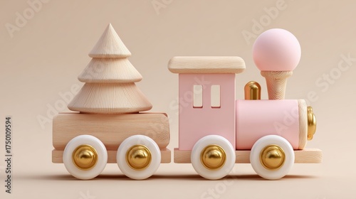 Wooden Toy Train With Pink Accents and Natural Elements on a Beige Background