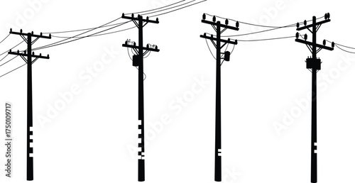 Utility poles silhouette, electrical transformers illustration, power lines artwork, electricity distribution system, urban energy grid, engineering concept,