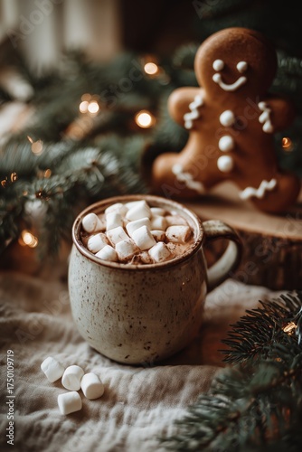Warm Mug of Hot Chocolate With Marshmallows Beside a Gingerbread Cookie in a ...
