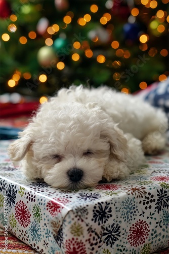 Puppy Sleeping on a Holiday Gift Box in a Festive Setting With a Christmas Tr...