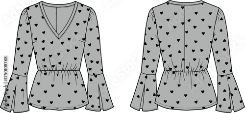 Women’s blouse fashion flat sketch with heart print, flared sleeves, V-neck design, elastic waist, technical CAD drawing apparel vector template