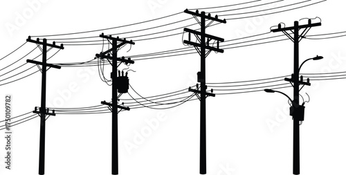 Utility poles silhouette, electrical wires illustration, power distribution artwork, electricity infrastructure, 