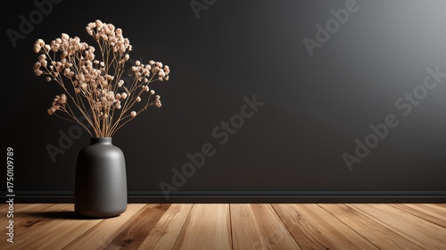 Elegant Dried Flowers in a Black Vase Against a Dark Wall With Wooden Floor