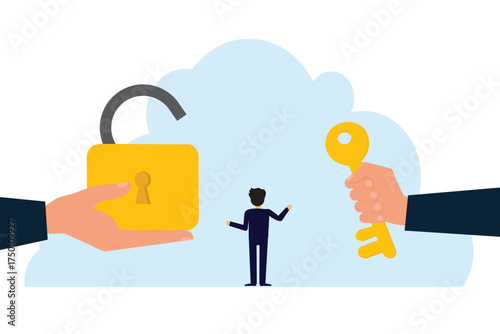 Finding the solution. A businessman stands between two giant hands, one holding a key and the other an open padlock