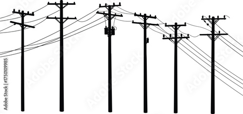 Utility poles silhouette, power lines illustration, electrical infrastructure artwork, electricity distribution system, urban energy grid, engineering 
