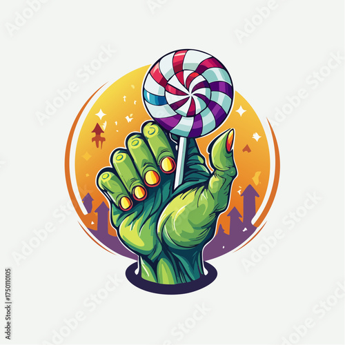 A green, cartoon hand emerging from a hole, holding a colorful lollipop.