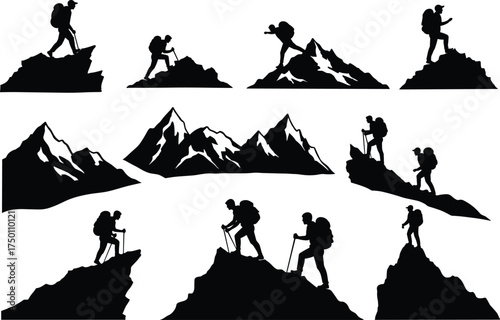 Mountain hiking silhouettes, outdoor trekking vector, black icons with rugged terrain, backpack and pole poses, nature exploration, adventure scene, travel concept, elevation climb
