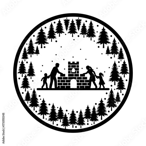 Winter snow activities families enjoying vector art of family building sandcastle surrounded by pine trees