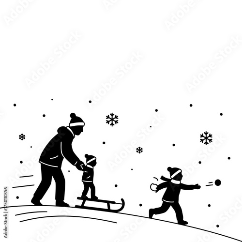 Winter snow activities families enjoying vector art of father and son on sled, boy throwing snowball