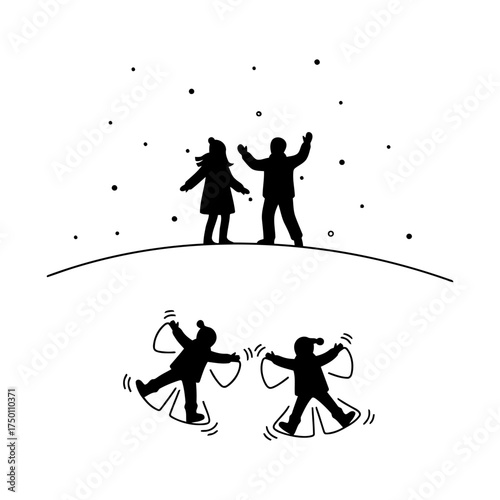 Winter snow activities families enjoying vector art of people making snow angels, winter fun