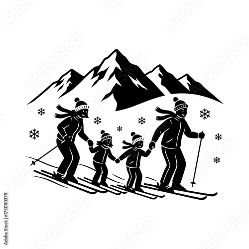 Winter snow activities families enjoying vector art of family skiing in mountain during winter season