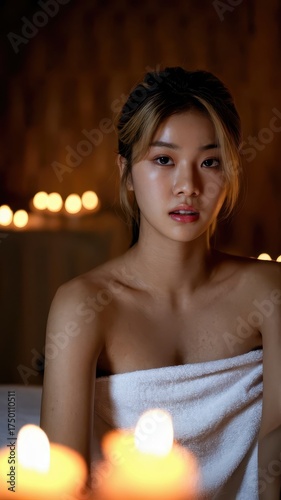 Young woman relaxing at candlelit spa