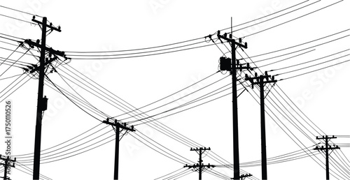 Utility poles silhouette, power lines network, electrical infrastructure artwork, electricity distribution system, 
