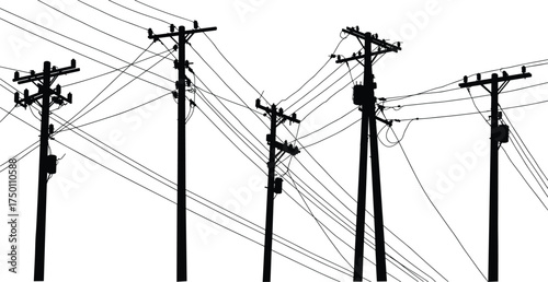 Utility poles silhouette, power lines network, electrical infrastructure illustration, electricity distribution 