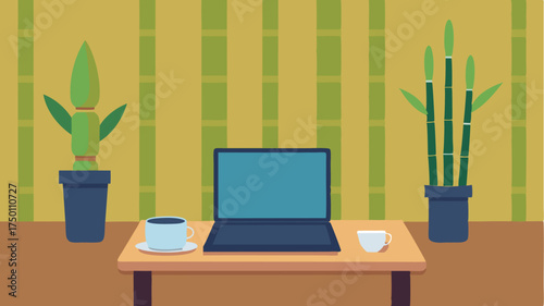 A zeninspired office corner with a laptop closed on a bamboo desk alongside a tranquil teacup and a small succulent plant.