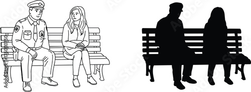 Police officer sitting on bench talking with woman, law enforcement community safety communication trust illustration with silhouette version public service design