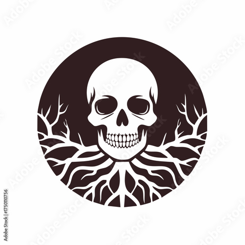 Skull with root-like structures emerging from its base, set against a dark circular background.