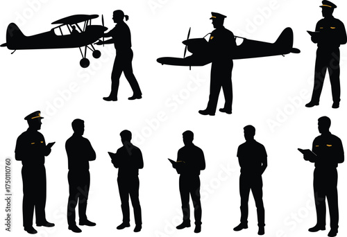 Pilot silhouette illustration, airplane and aviator, biplane and monoplane, flight crew, aviation professional, black vector art, aircraft operator, flight checklist