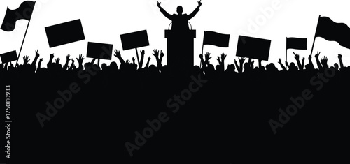 Political rally protest crowd silhouette with leader at podium, raised hands, flags and signs, activism demonstration, election campaign, social movement