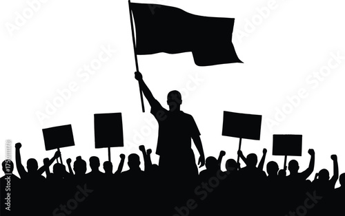 Protest crowd silhouette holding banners and flags, activist demonstration rally illustration, people demanding justice, social movement march, political strike revolution concept