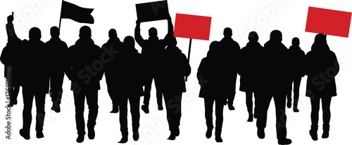 Protest march with people holding red banners and flag, activist demonstration silhouette, political rally strike, social movement crowd demanding freedom justice equality rights