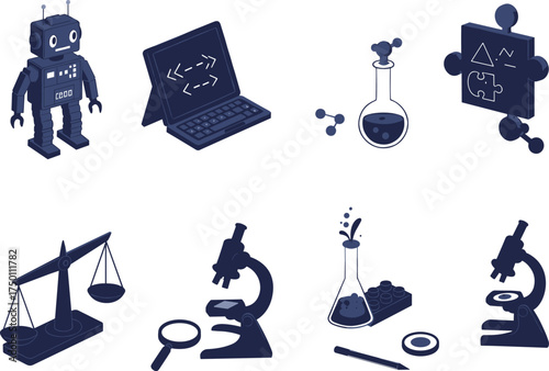 Science and technology icon set, isometric design, robotics, chemistry, biology, STEM education, digital innovation, lab equipment, microscope, coding, molecular structure, justice