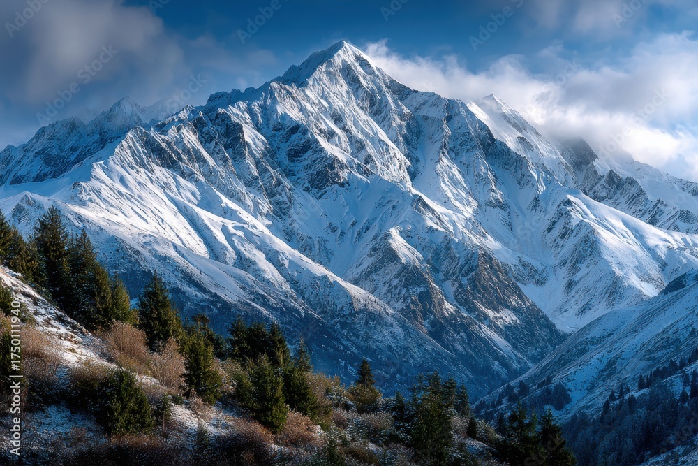 Fototapeta premium Snowy Mountain Peak Above Evergreen Forest