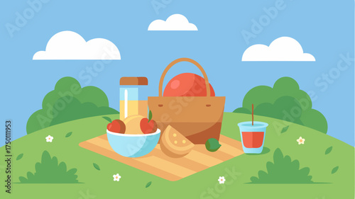 A picnic setting showcasing a blanket spread on grass with a basket filled with wholesome snacks fruits and a refreshing drink.