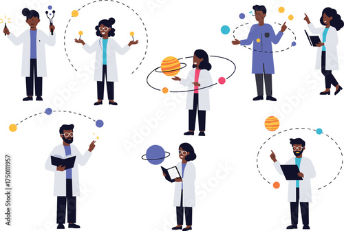 Scientist cartoon illustration, lab coat characters with molecules and planets, tablet and book interaction, black vector art, space and science education