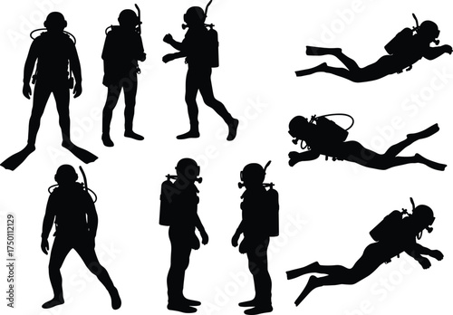 Scuba diver silhouettes, underwater activity vector, black icons, swimming poses, diving gear illustration, fins and tanks, ocean exploration, marine sport concept