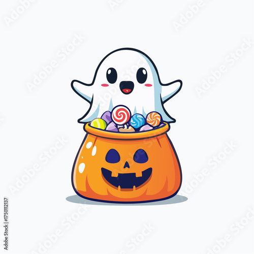 A friendly ghost happily peeks out of a pumpkin-shaped candy bag, filled with treats.