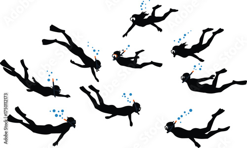Scuba diver silhouettes, underwater swimming vector, black icons with blue bubbles, snorkel and fin gear, ocean exploration, marine activity, aquatic sport concept