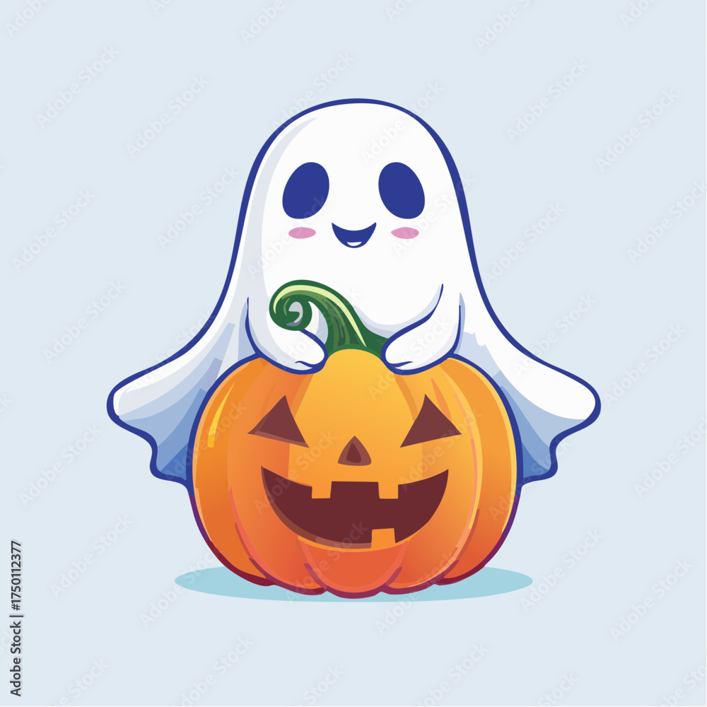 Fototapeta premium Cute cartoon ghost hugging an orange jack-o'-lantern pumpkin with a happy, friendly expression, against a light blue background.