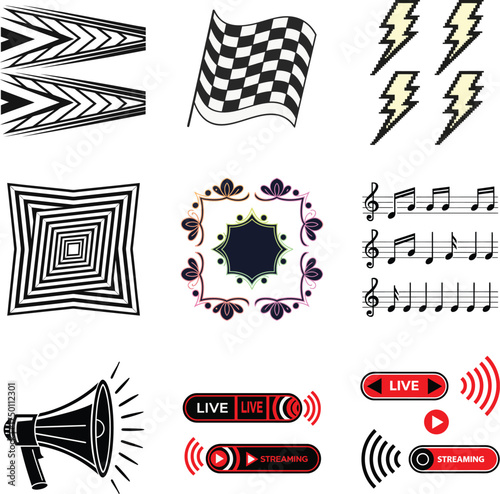 Racing flag lightning bolt music notes megaphone streaming