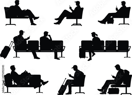Seated traveler silhouettes, airport waiting area vector, mobile phone use, reading and luggage poses, public space behavior, black icons, transit scene