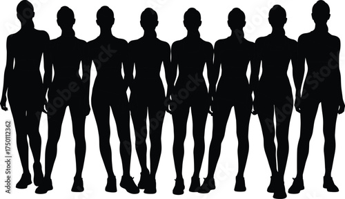 Set of female fashion figure silhouettes in standing front view poses, vector body croquis template for apparel design, clothing illustration reference