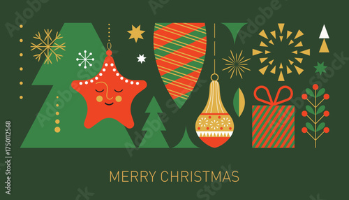 Christmas decorations, vector xmas banner, Christmas tree toys	
