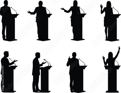 Silhouette politicians and speakers at podiums giving public speeches, election debate illustration, government leadership communication, political campaign discussion concept design