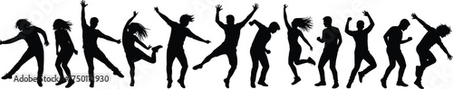 Silhouettes of dancing people in various energetic poses, happy men and women jumping, enjoying music, celebrating party, dance crowd vector illustration design